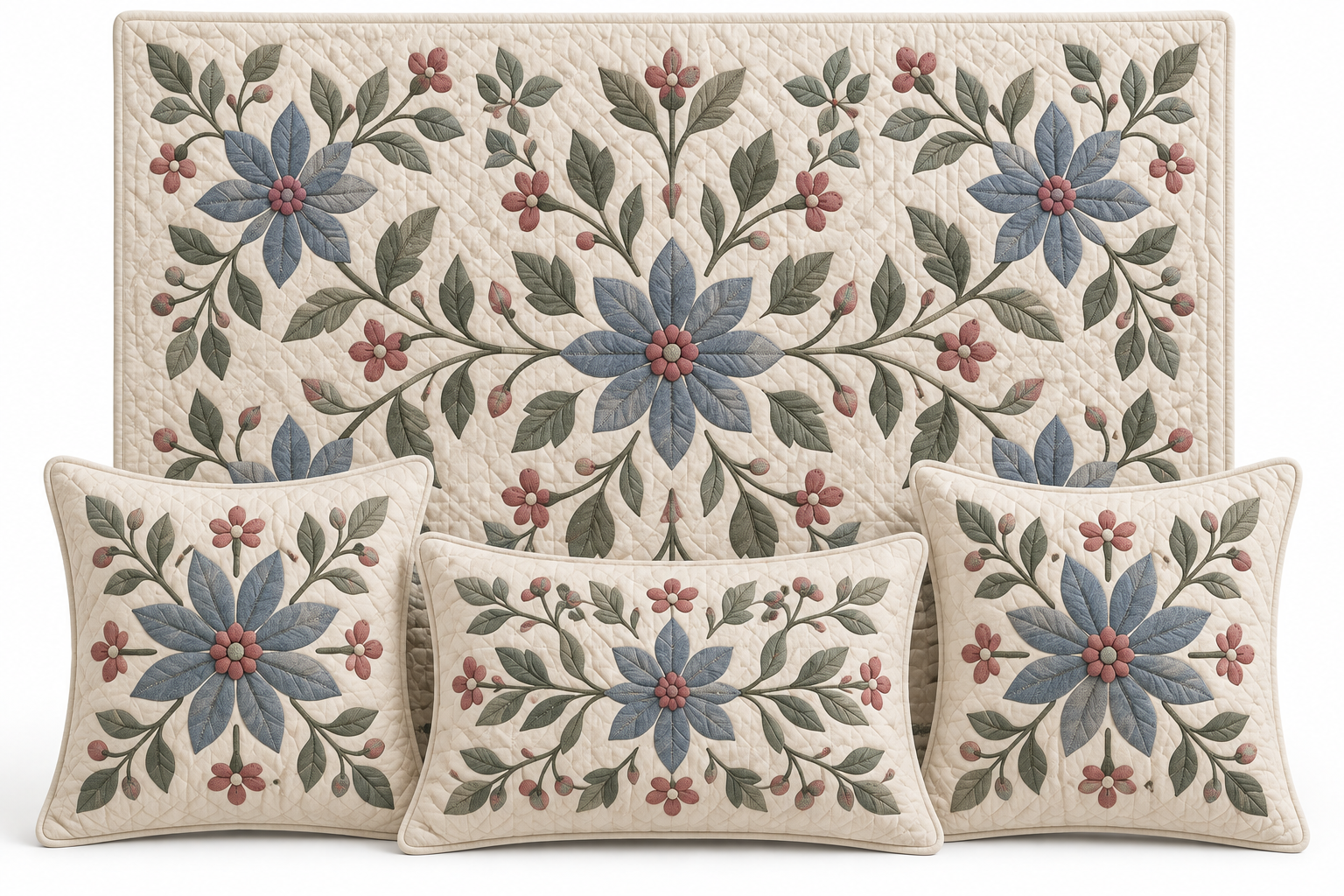 Ivory quilt and coordinating pillows with blue, sage and blush botanical appliqué motifs