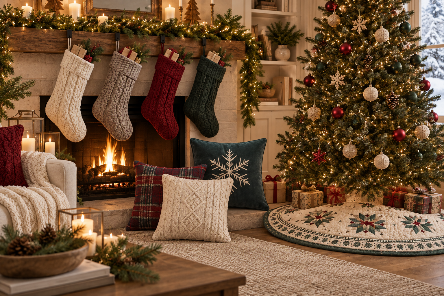 Christmas home textiles with knit stockings, a tree skirt and coordinating cushions beside a decorated tree