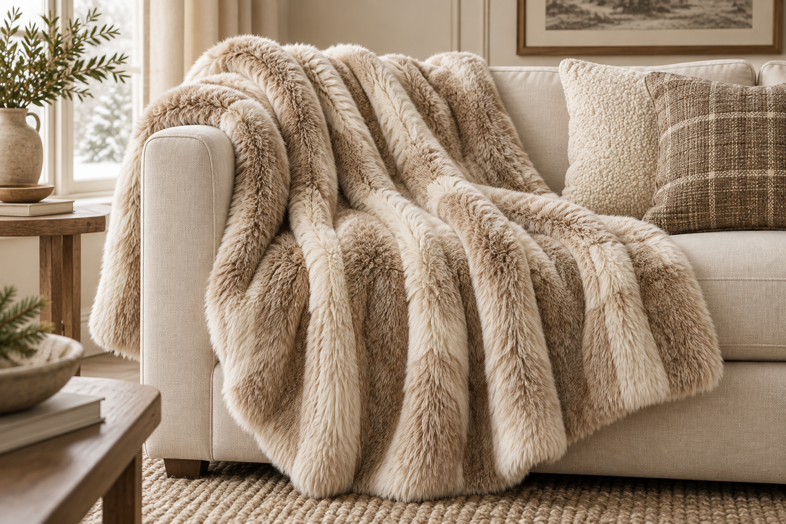 Soft tan and ivory faux fur throw blanket draped over a sofa in a neutral living room