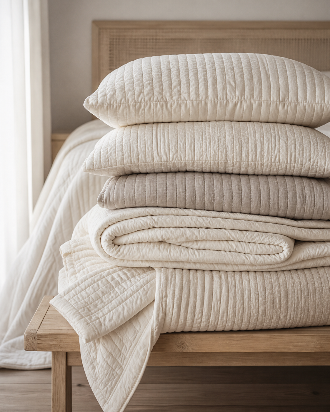 Stacked quilted bedding and coverlets in warm neutral tones