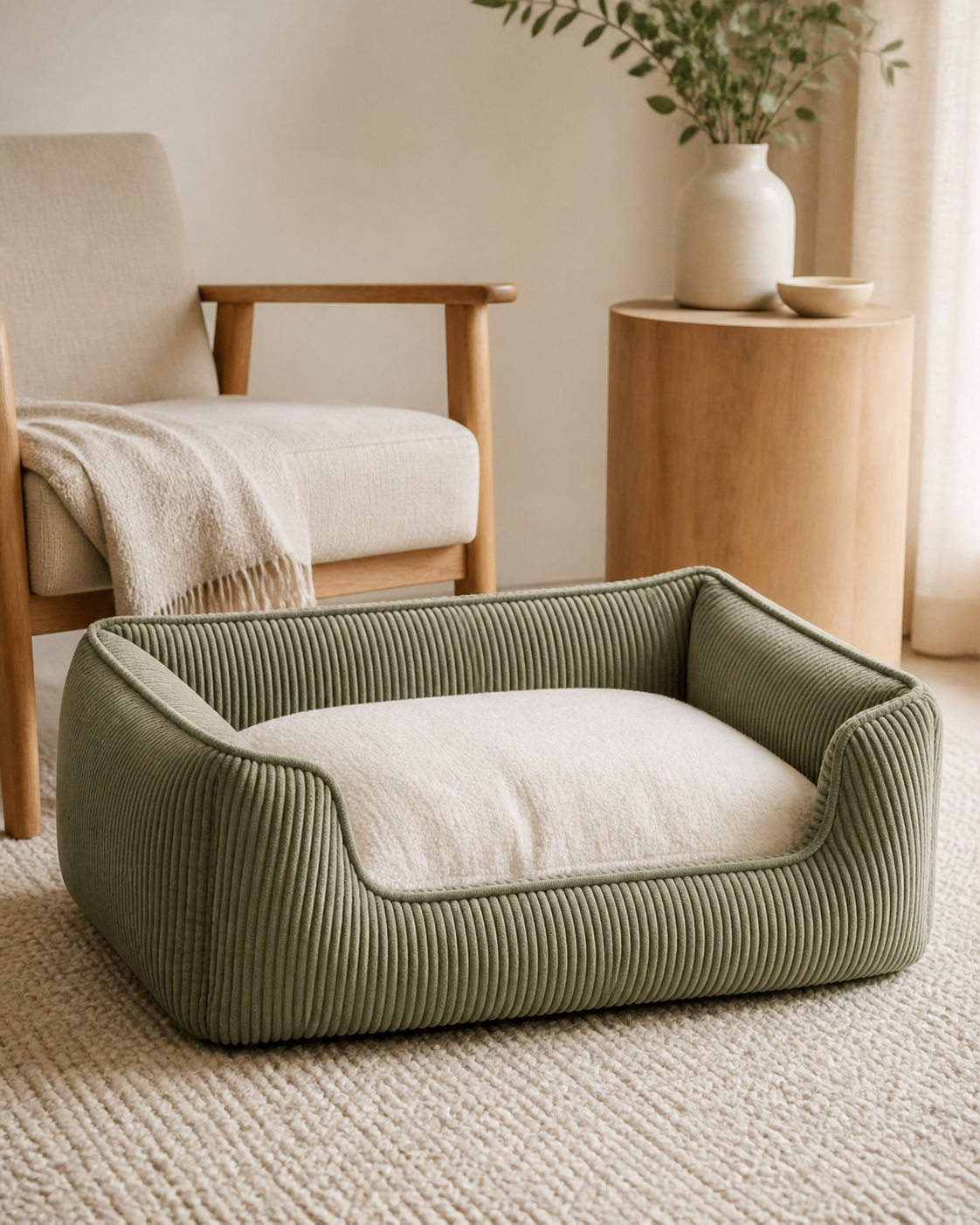 Muted sage ribbed pet bed with an ivory cushion in a neutral living room