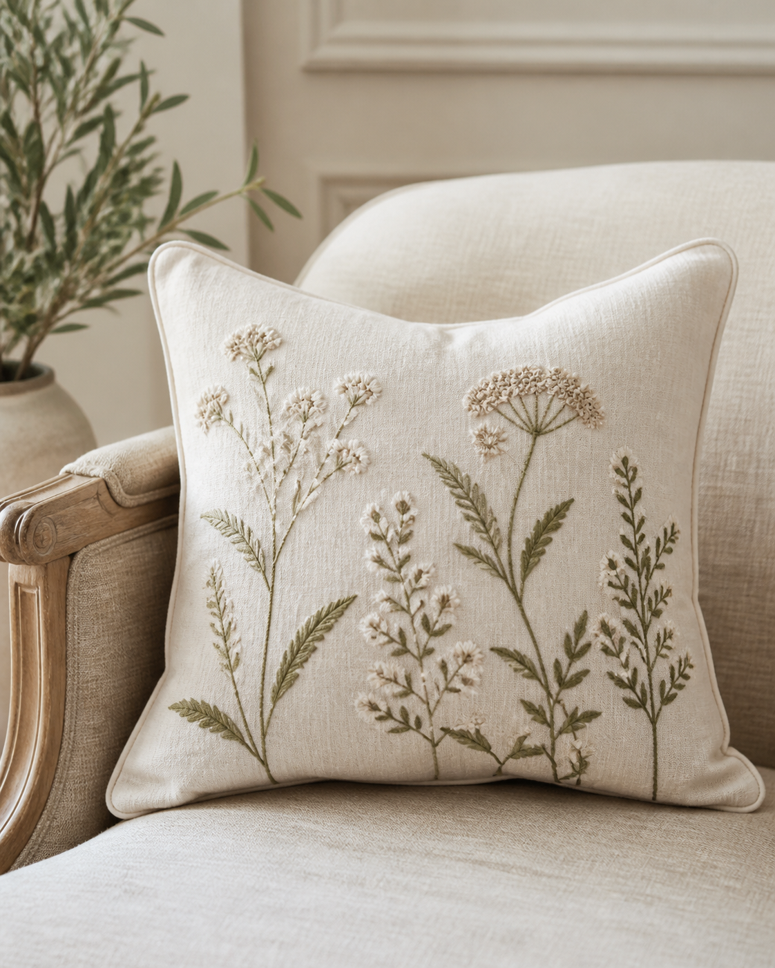 Embroidered botanical decorative pillow in an ivory linen setting