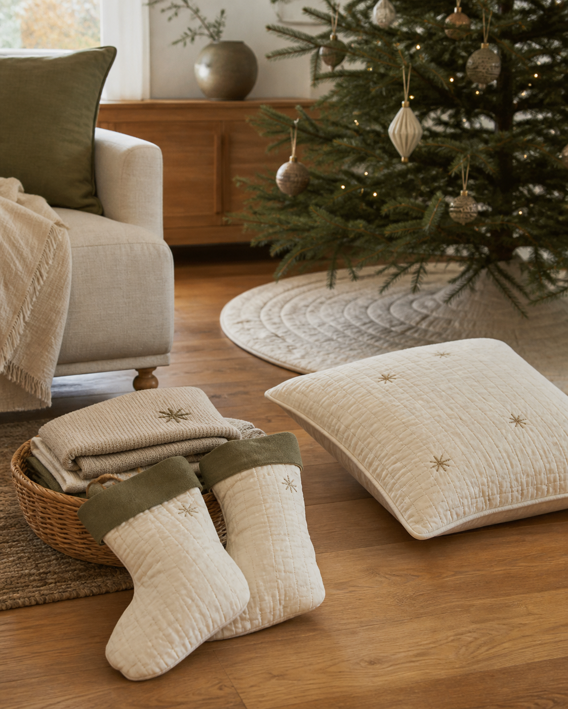 Neutral seasonal home textile accessories arranged beside a holiday tree