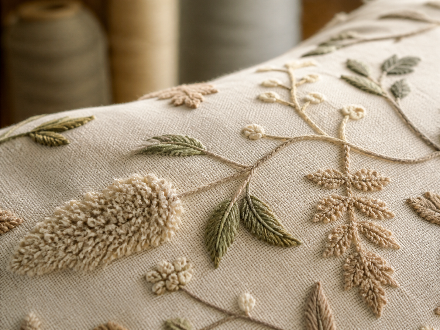 Close view of botanical embroidery on an ivory textile