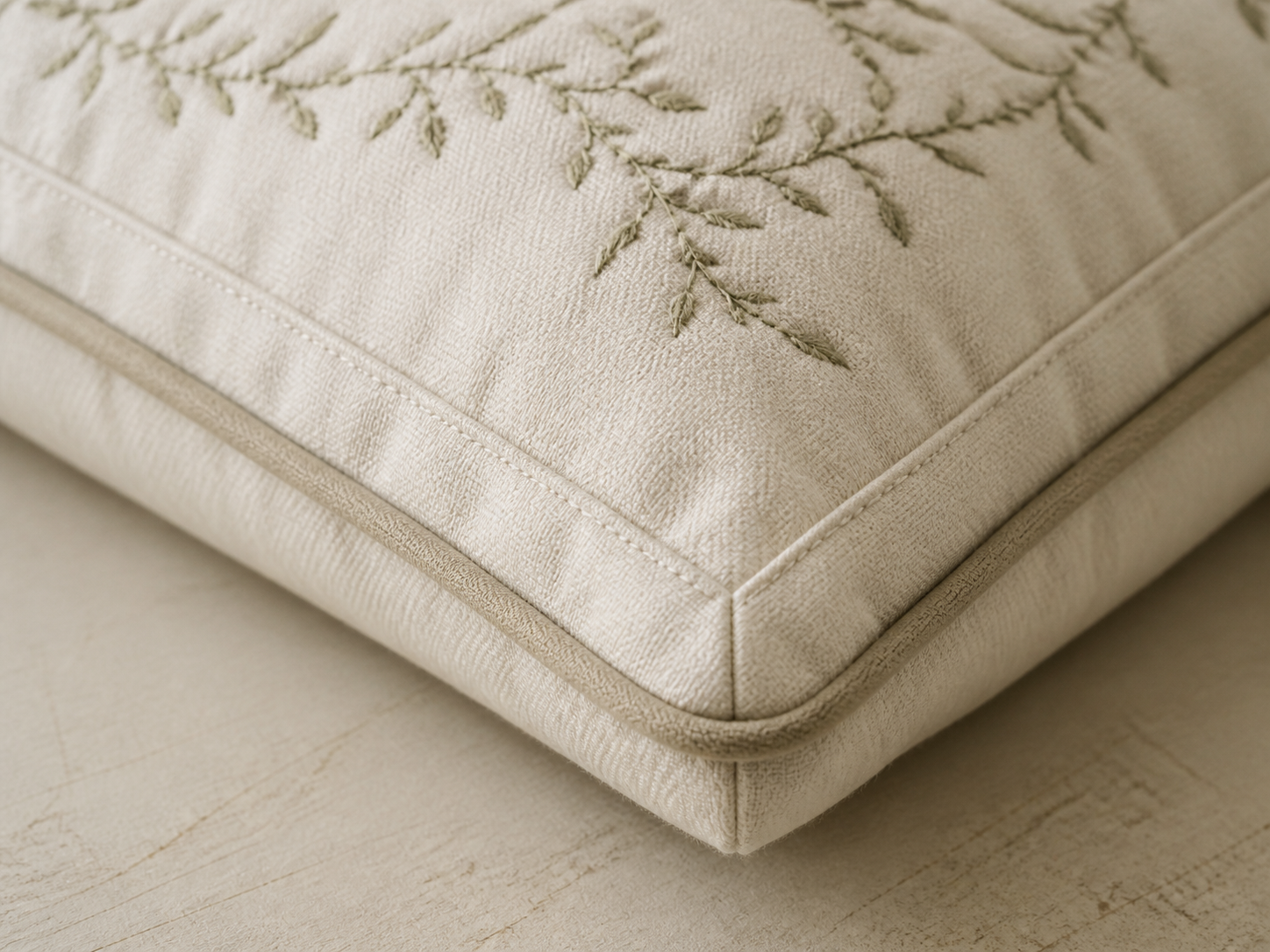 Finished textile corner with clean piping and precise topstitching
