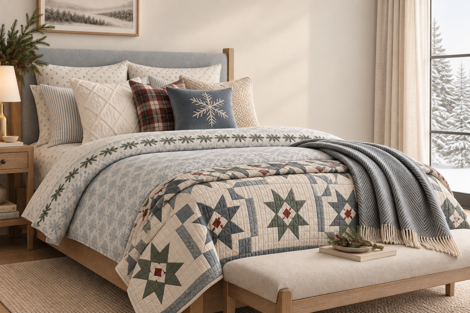 Coordinated quilted bedding collection with patchwork quilt, layered pillows and a soft throw in a bedroom setting