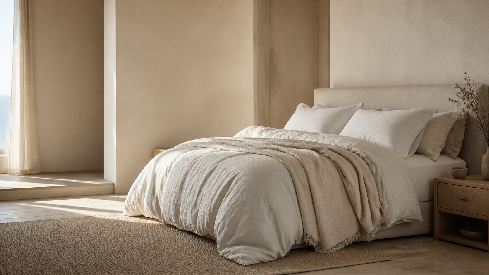 Layered neutral home textiles in a softly lit bedroom