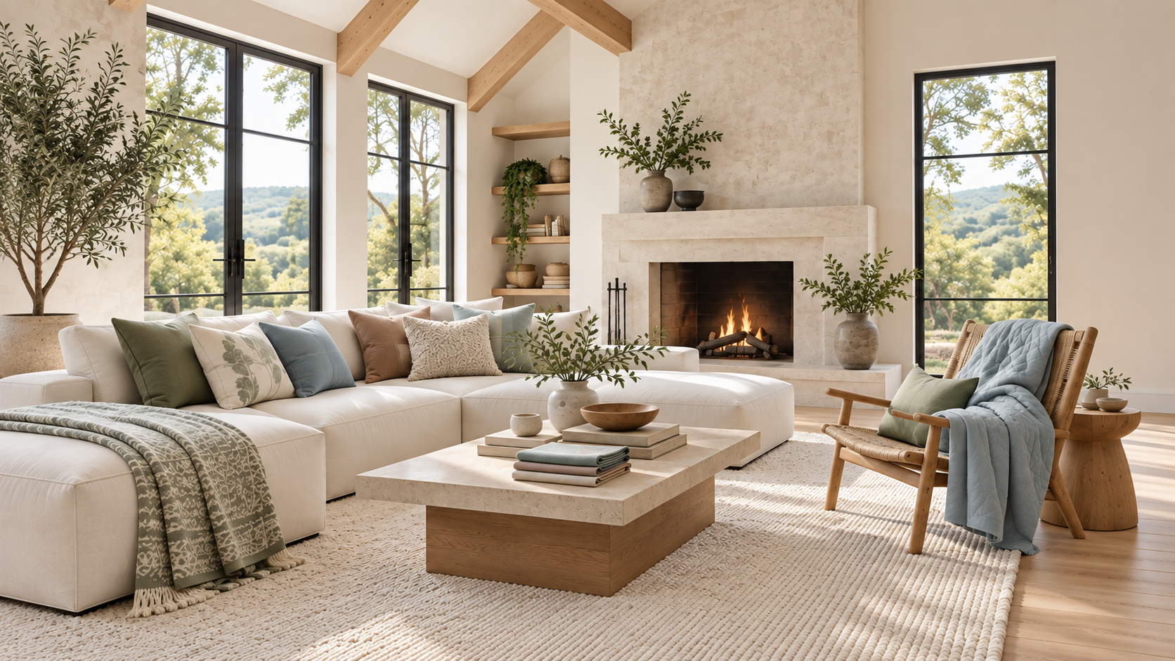 High-end American living room with coordinated home textiles, a stone fireplace and a pale blue throw