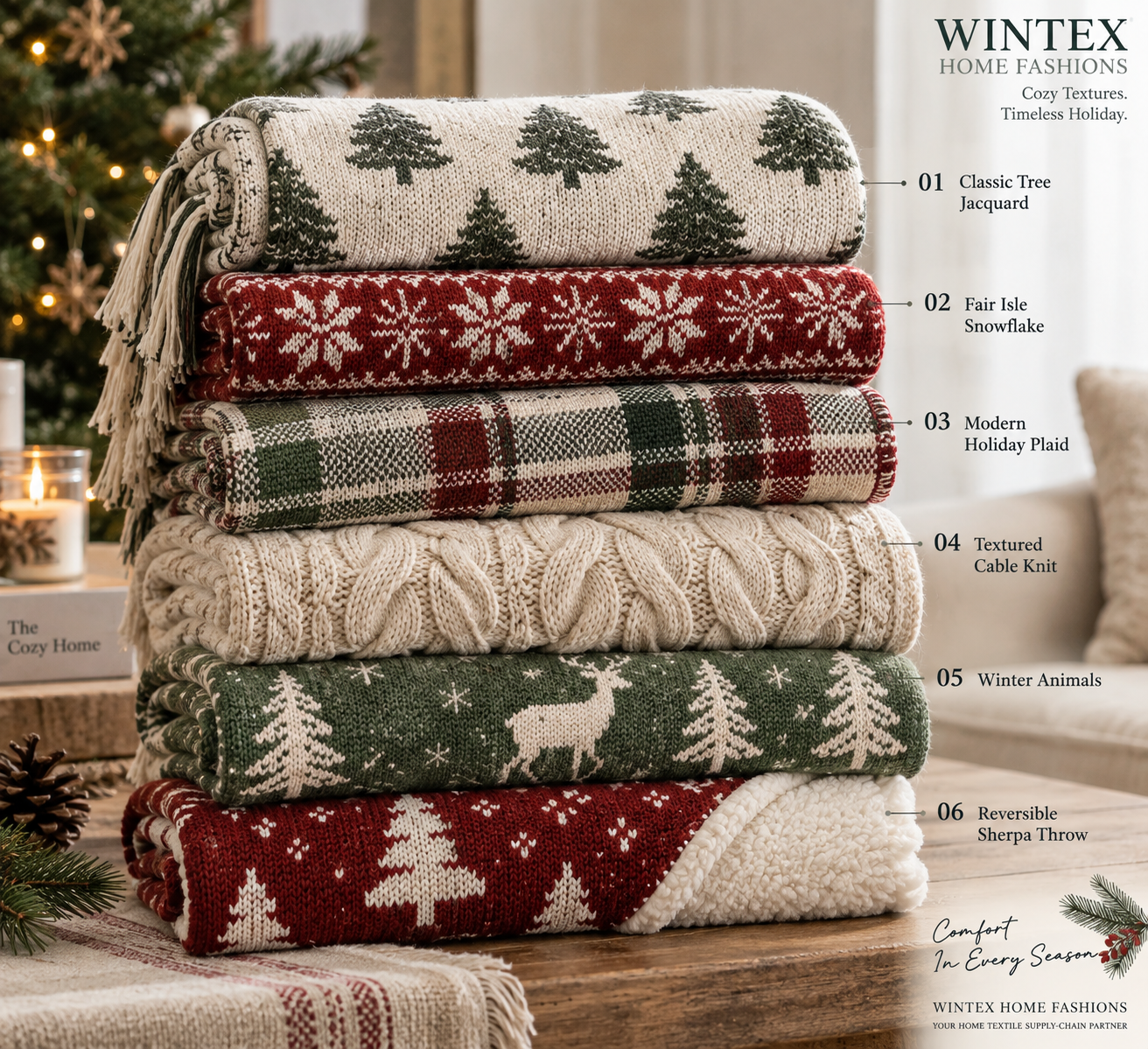 Seasonal knitted, jacquard, cable-knit and reversible sherpa throw blanket collection