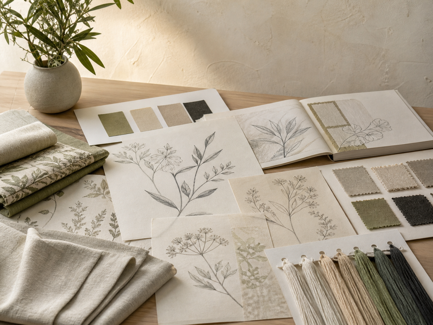 Textile concept sketches, color chips and fabric references on a design table