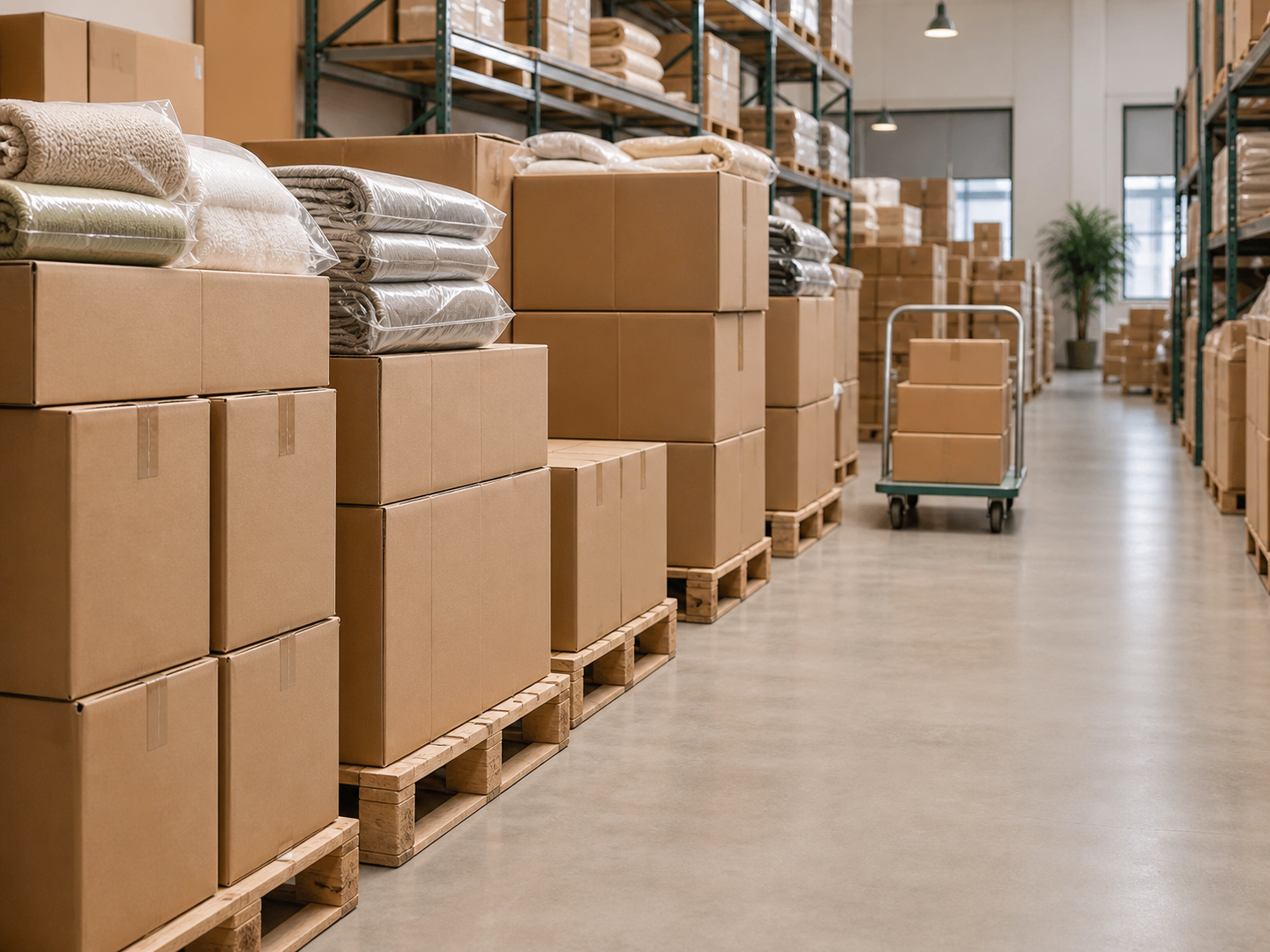 Finished home textile cartons organized in a clean logistics warehouse