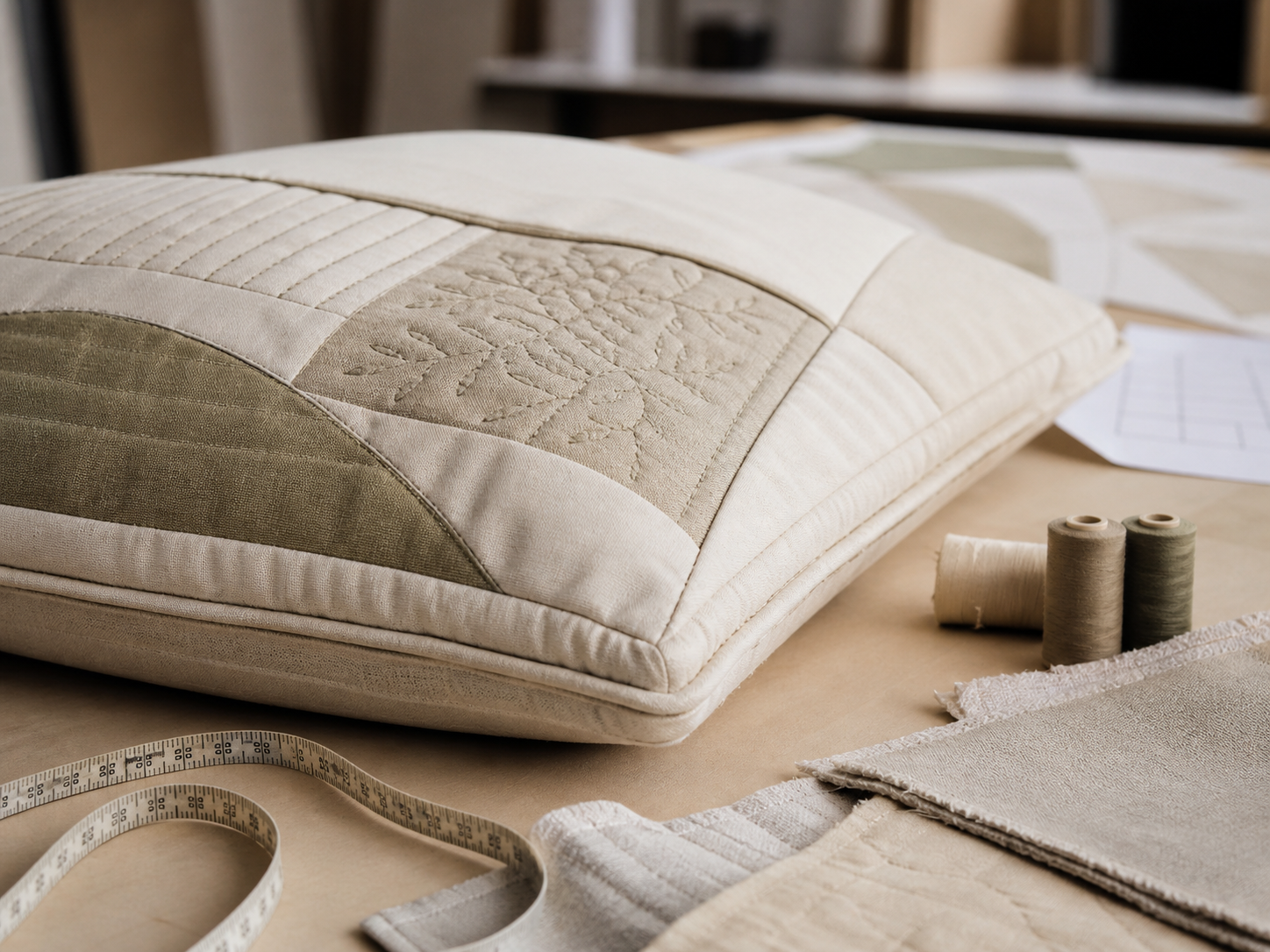 Quilted textile prototype being refined on a development worktable