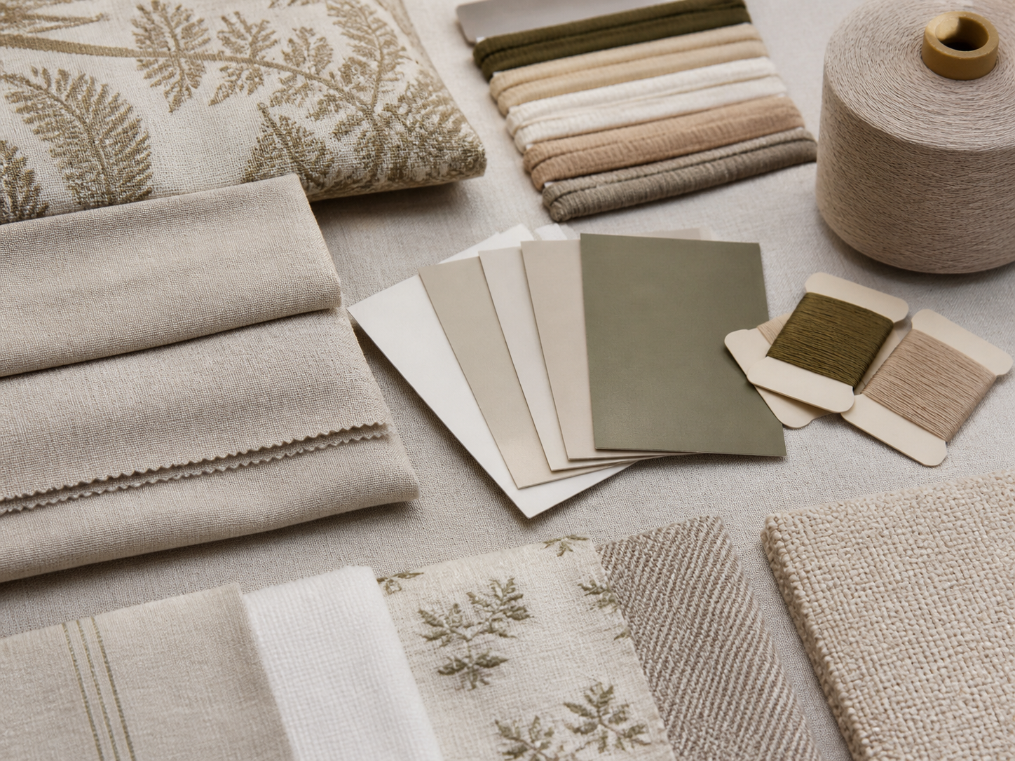 Fabric, trim, thread and color swatches arranged for material selection