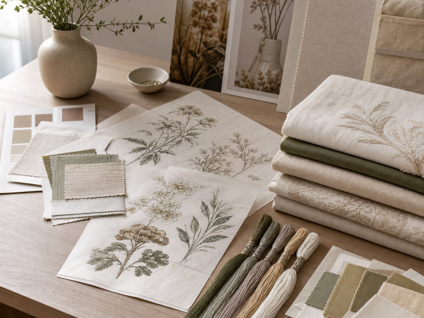 Textile design sketches, color cards and fabric samples on a studio table