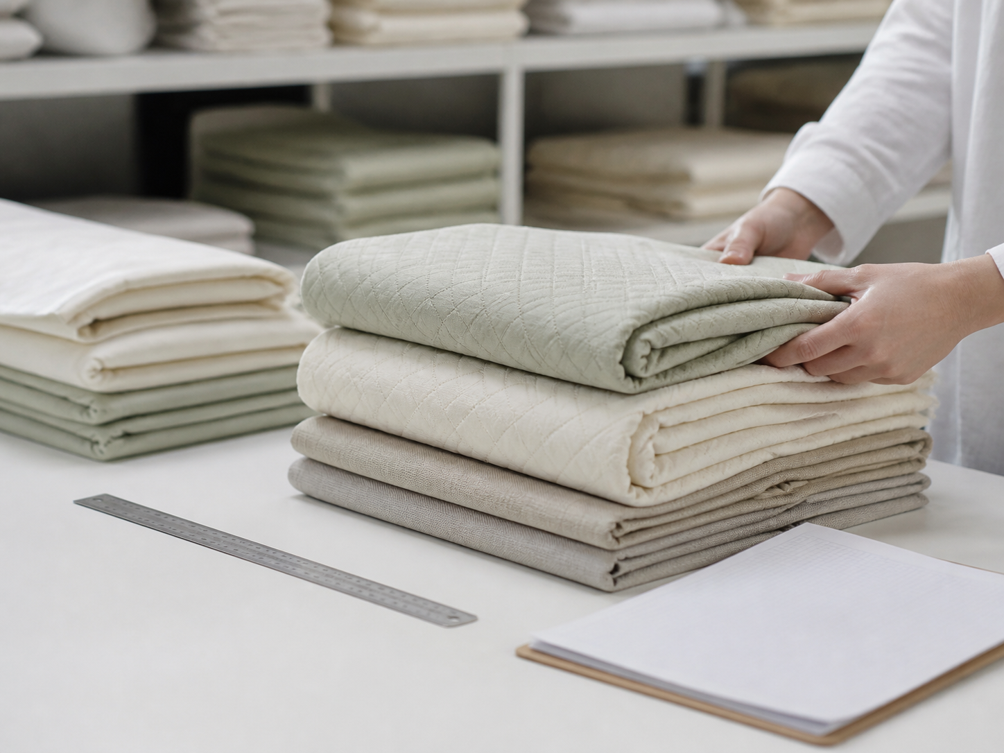 Finished neutral textiles being checked on a quality-control table