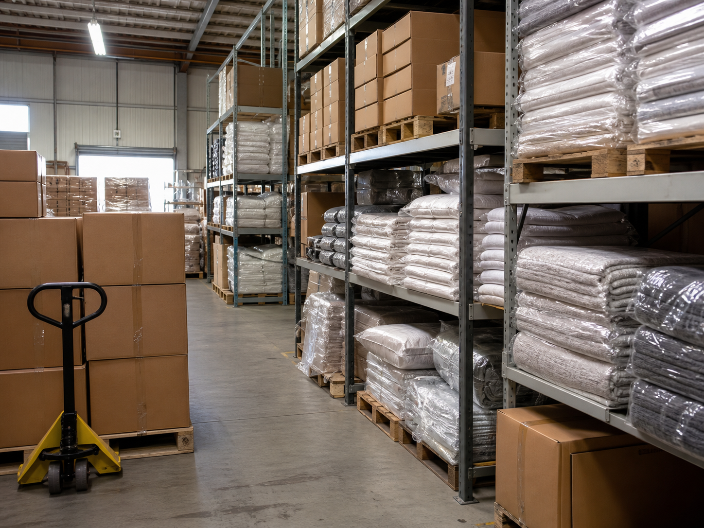 Realistic textile warehouse with packaged home textiles, cartons and a pallet jack